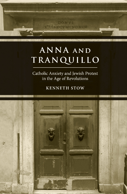 Book cover, white writing on a brow background Anna and Tranquillo in front of old doors