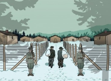 A portion of the book Enemy Alien showing two men walking toward an internment camp with two guards standing guard